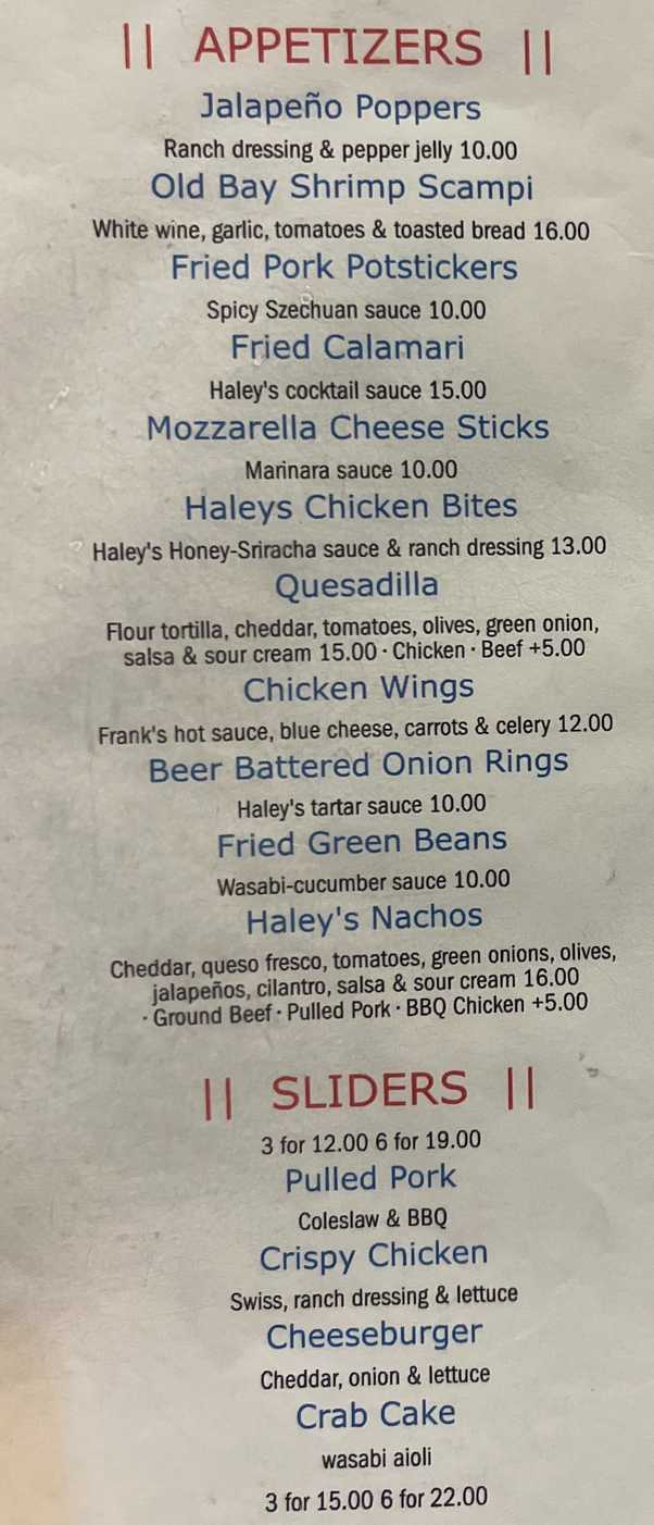 Haley's Sports Bar & Grill menu page 1