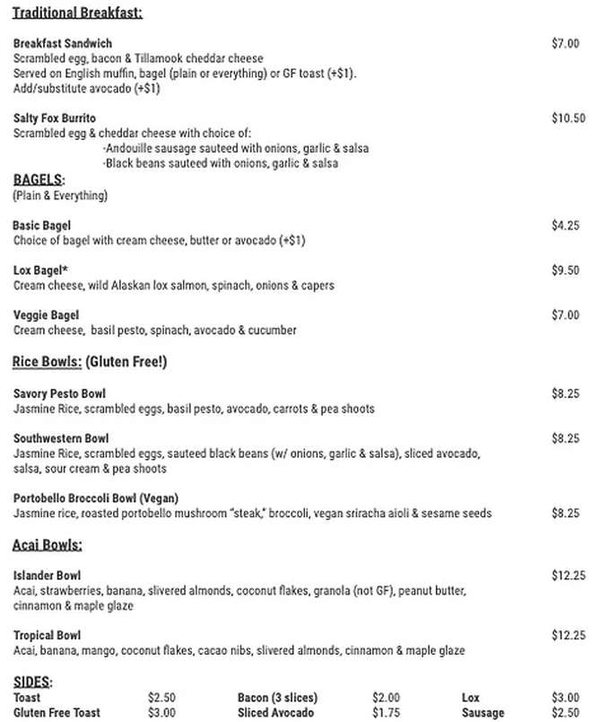 Salty Fox Coffee menu page 1