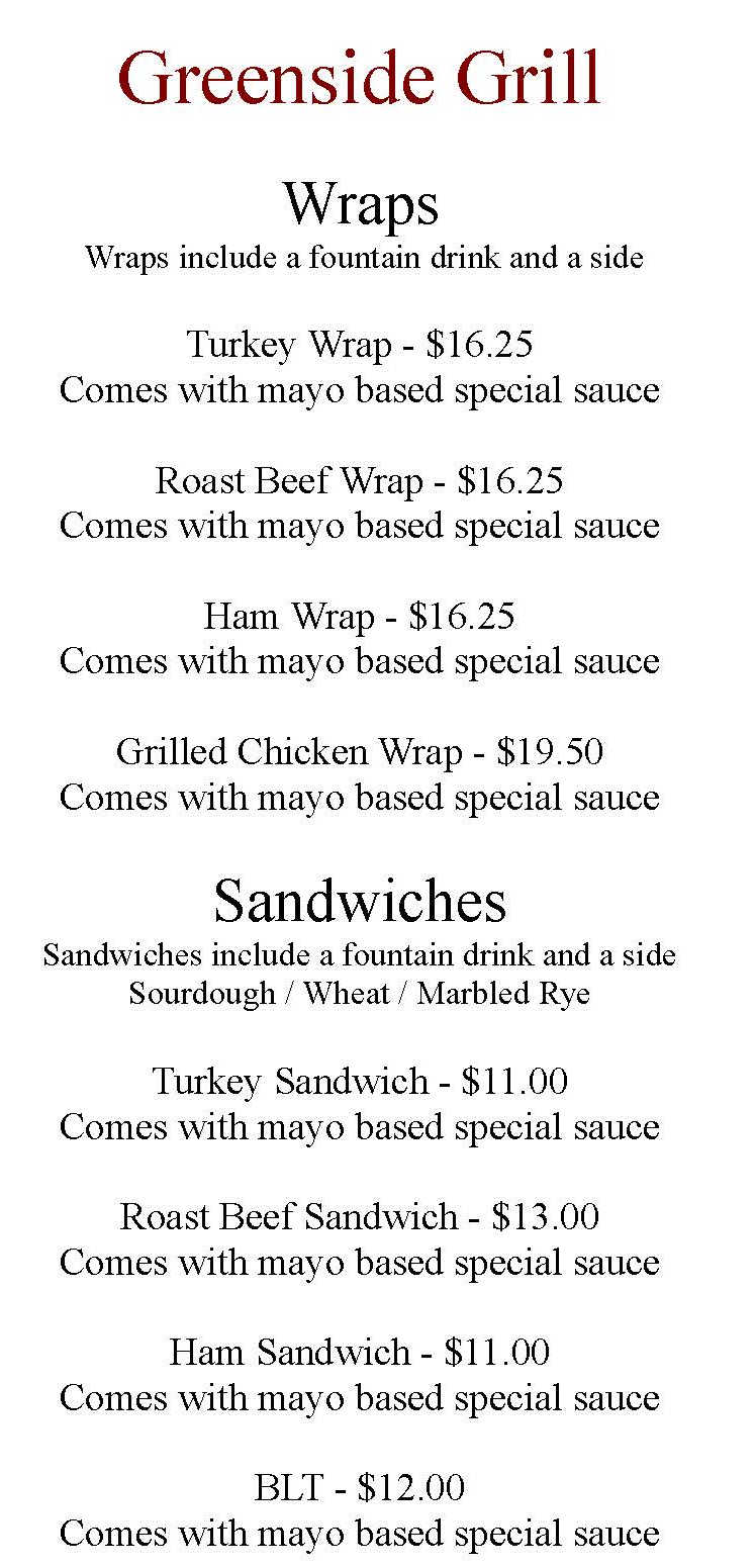 Greenside Grill menu page 1