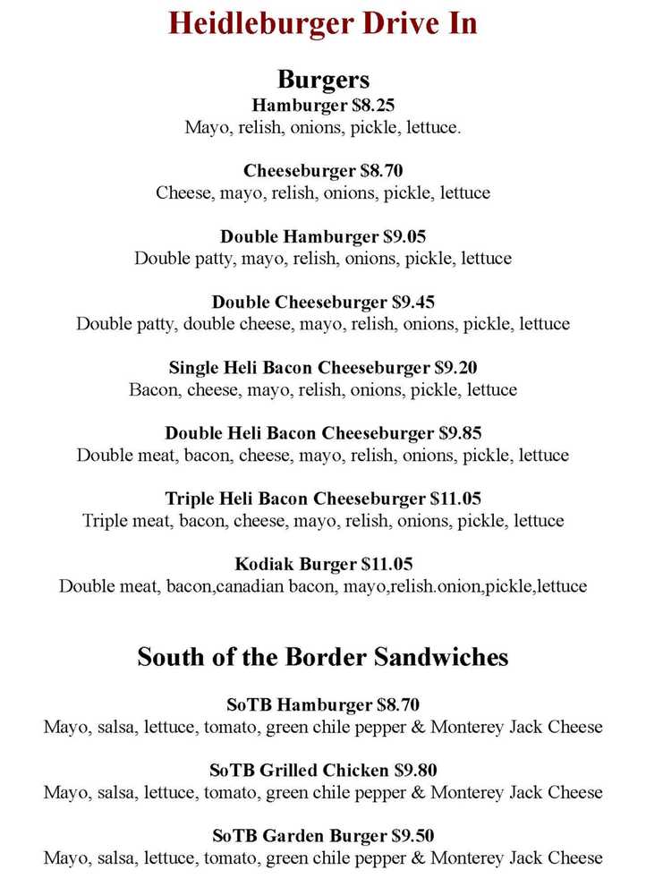 Heidleburger Drive In menu page 1