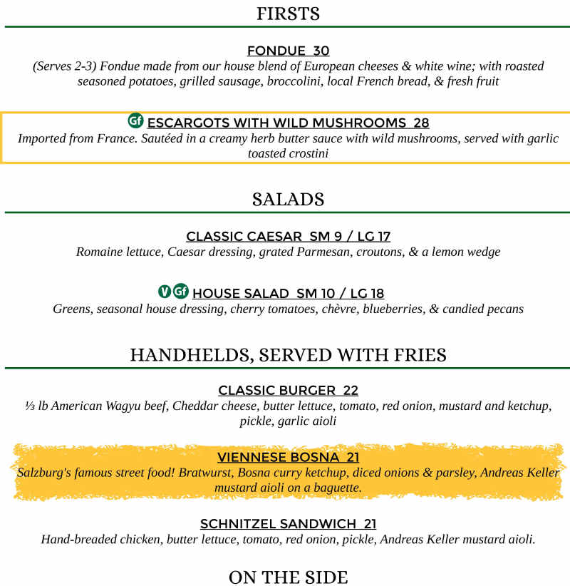 Mozart's Steakhouse menu page 1