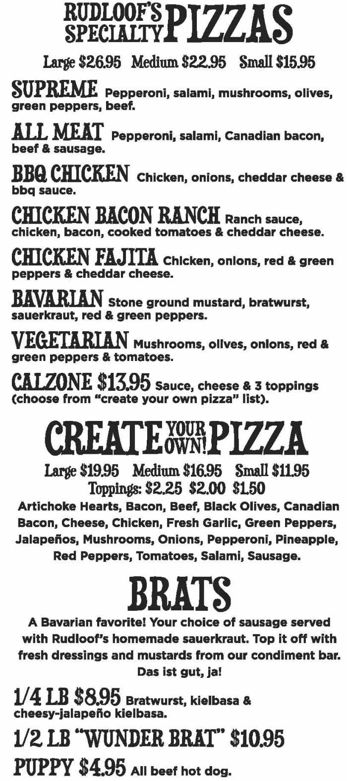 Rudloof's Pizza Und Brats menu page 1
