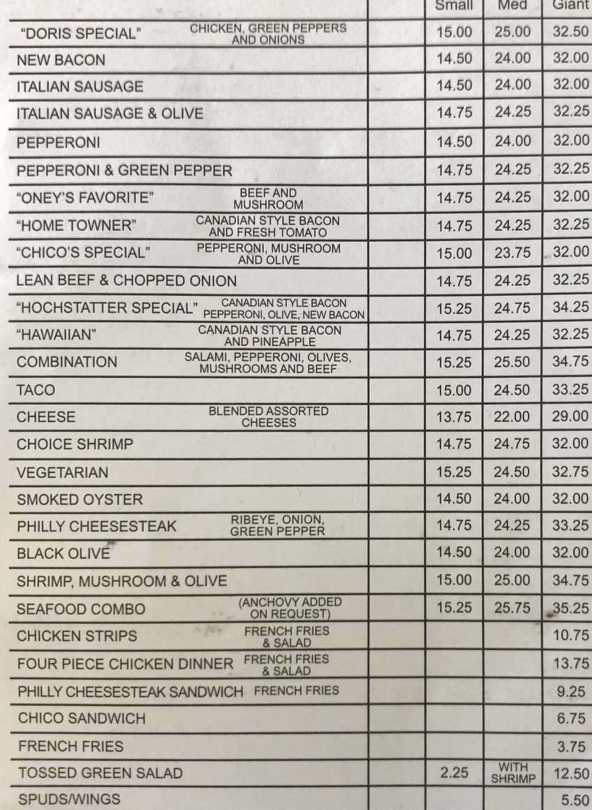 Chico's Pizza Parlor menu page 1