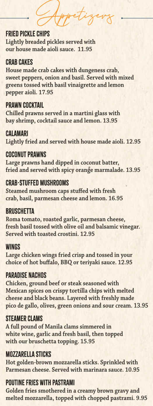 Paradise Bar & Grill menu page 1