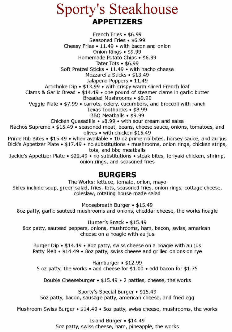 Sporty's Bar & Grill menu page 1