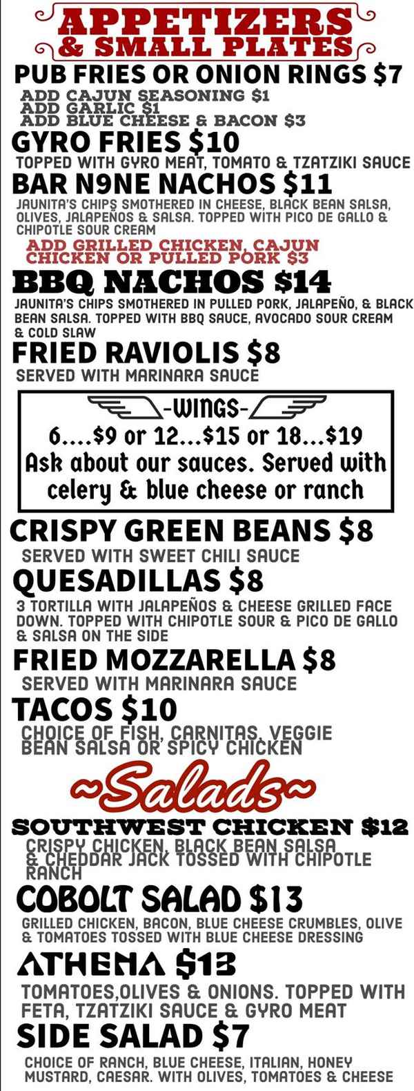 Bar N9ne menu page 1