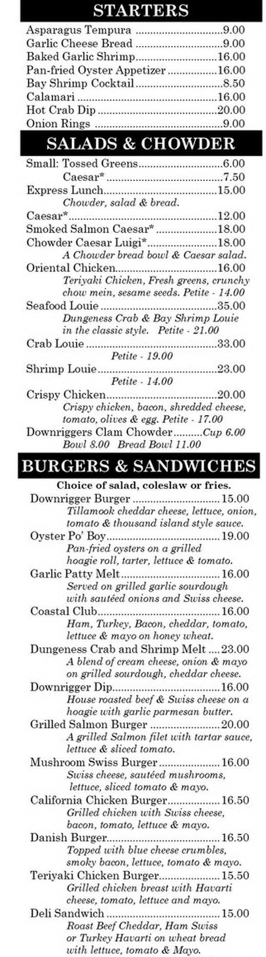 Downriggers on the Water menu page 1