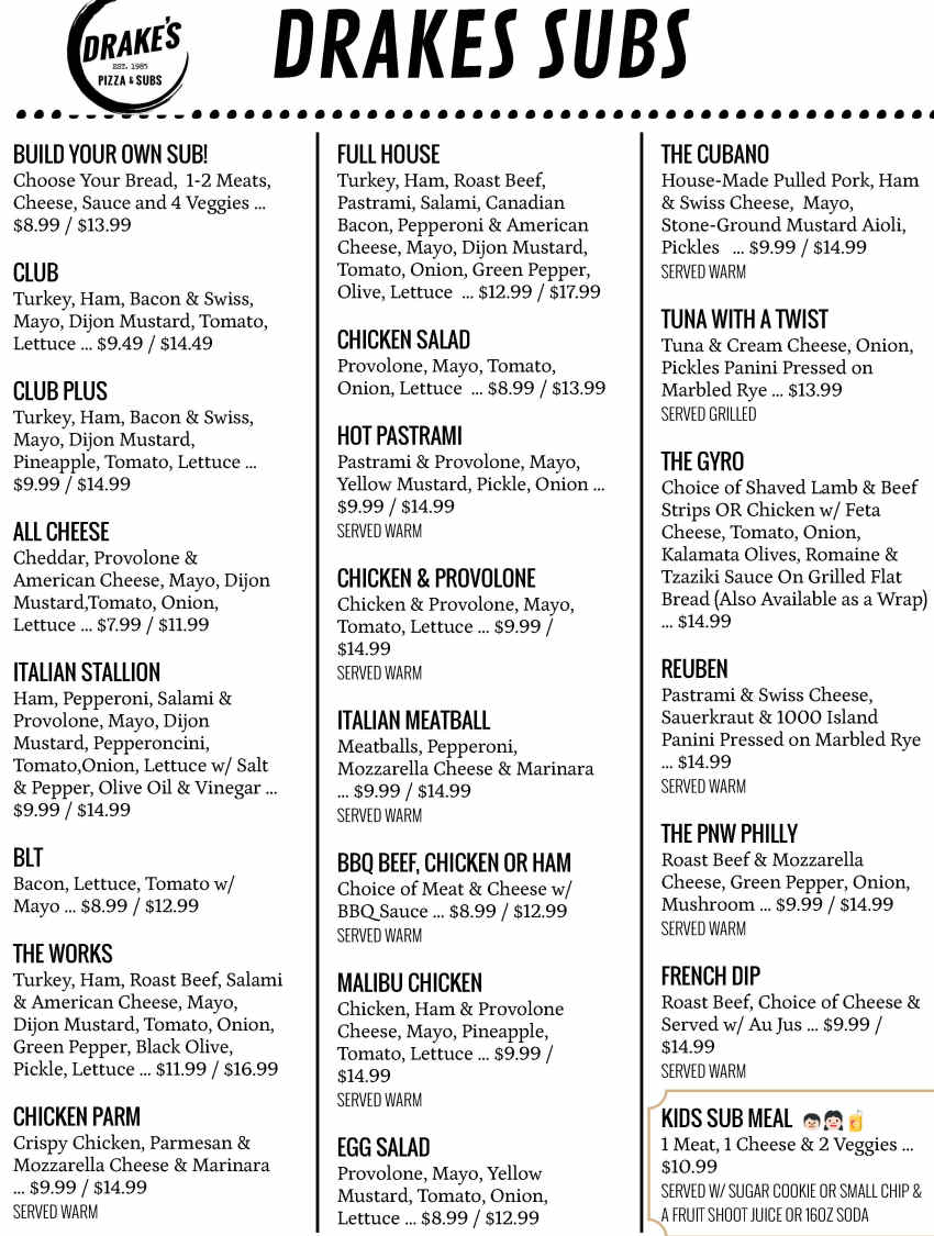 Drakes Pizza & Subs menu page 1