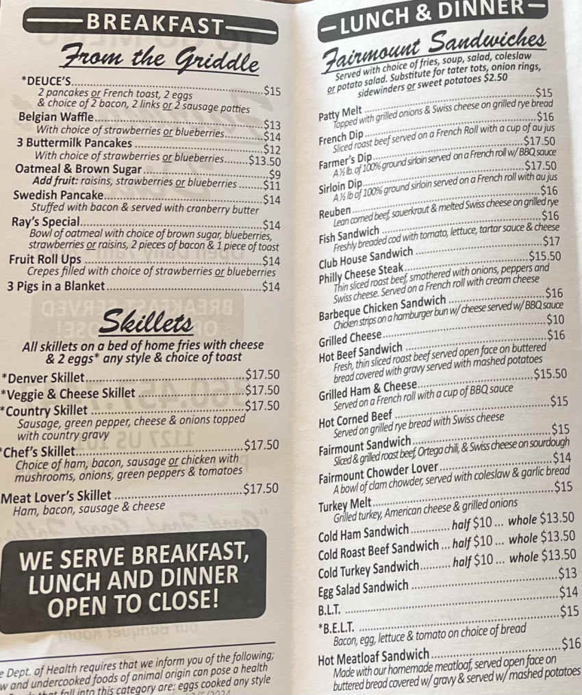 Fairmount Diner menu page 1