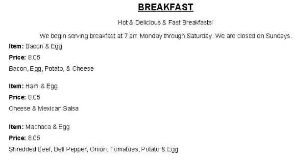 Fast Burritos menu page 1