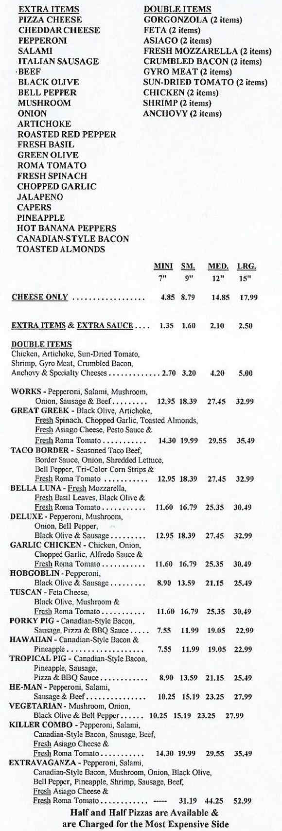 Gordy's Pizza & Pasta menu page 1