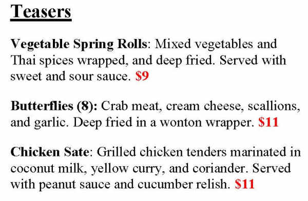 Jasmine Bistro menu page 1