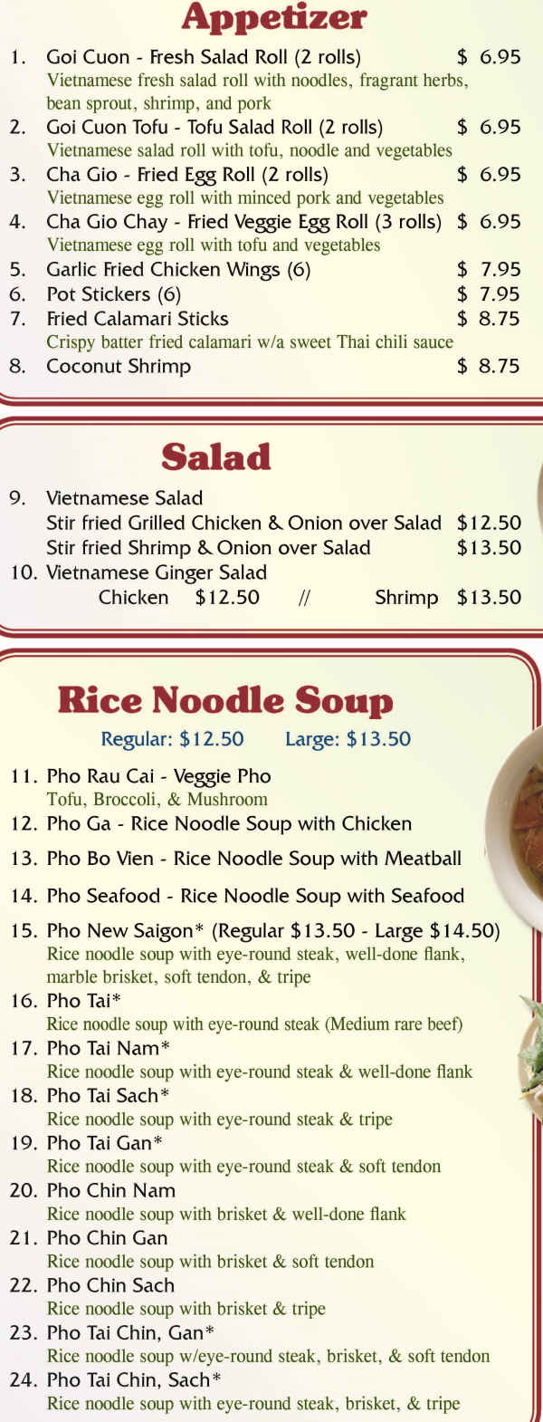Pho New Saigon menu page 1