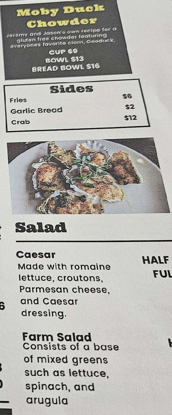 Moby Duck Chowder menu page 1