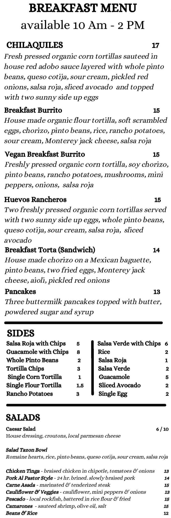 La Cocina menu page 1
