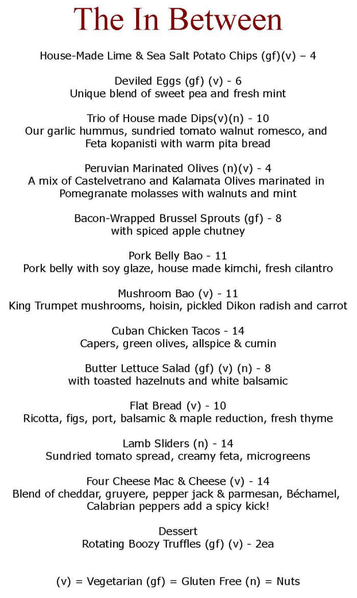 The In Between menu page 1