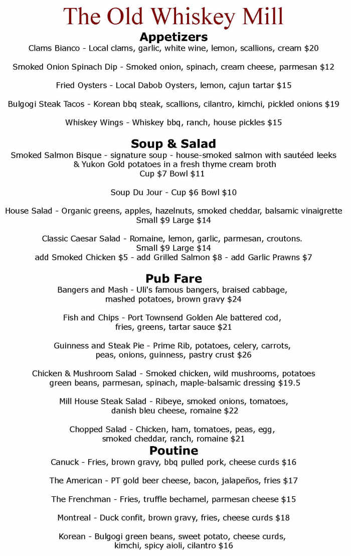 The Old Whiskey Mill menu page 1