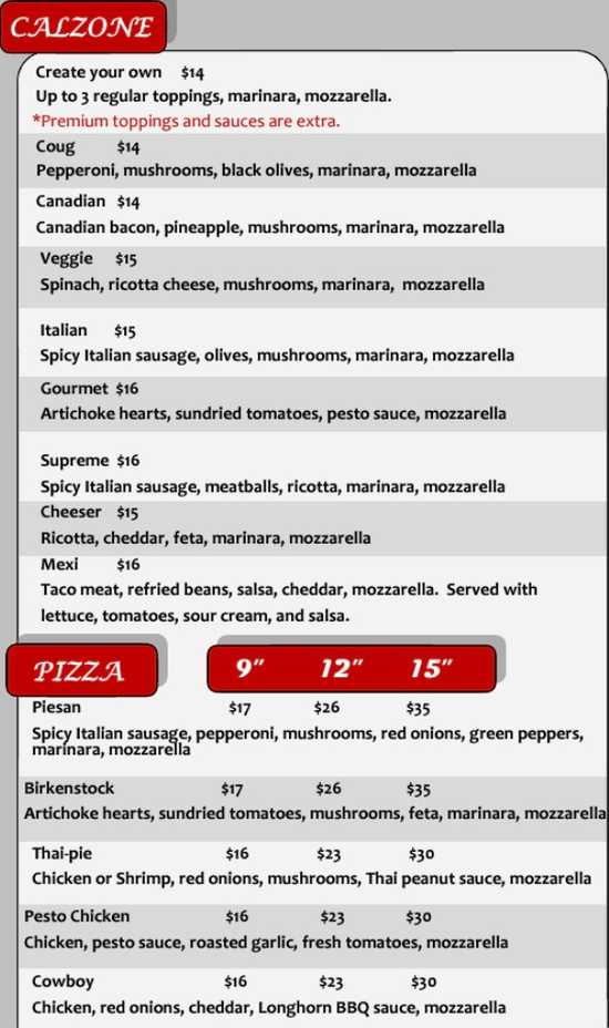 Sella's Calzone & Pizza menu page 1
