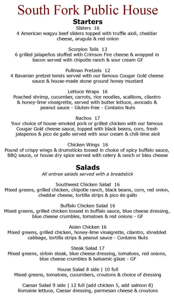 South Fork Public House menu page 1