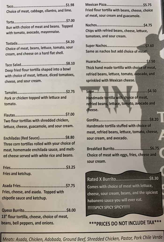 Tin Tan Tacos menu page 1