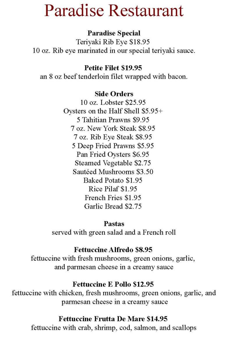 Paradise menu page 1