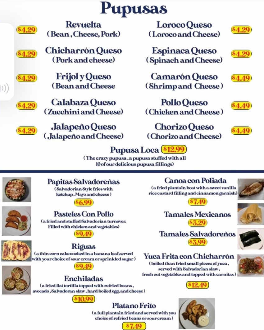 Ana's Pupuseria menu page 1