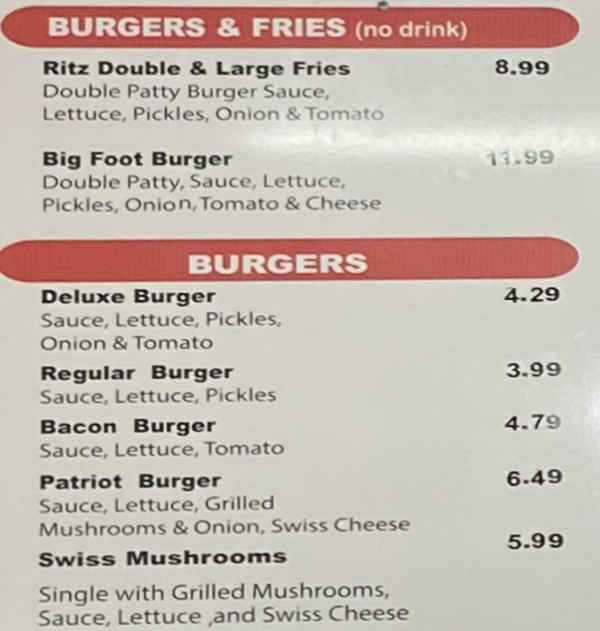 Ritz Drive-In menu page 1