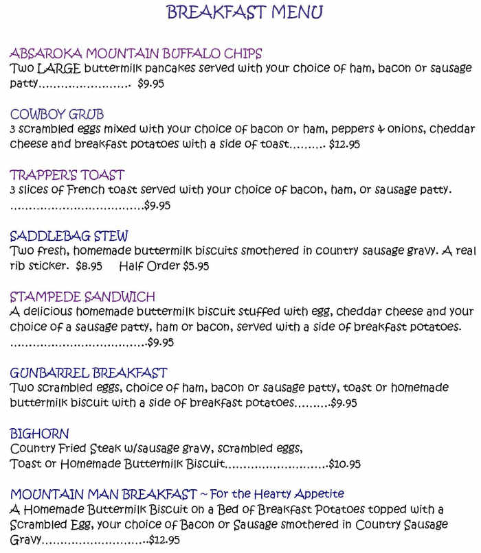 Absaroka Mountain Lodge menu page 1