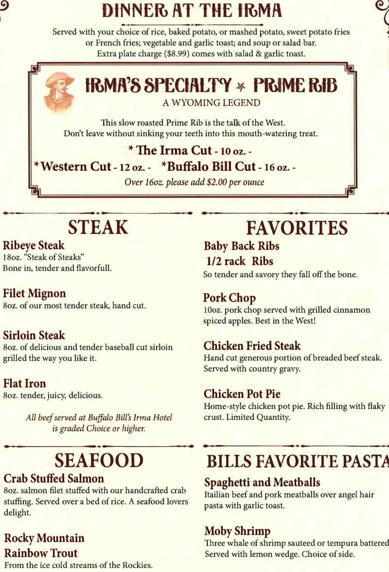 The Irma menu page 1