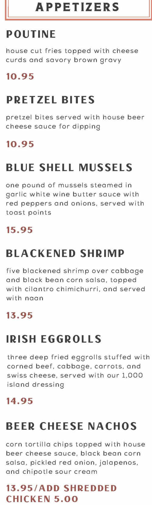 Pat's Brew House menu page 1