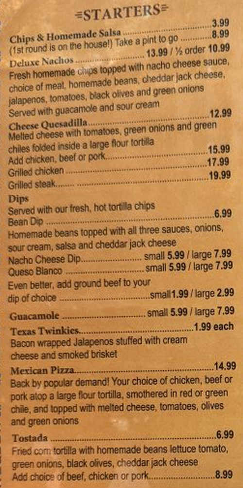 Zapata's menu page 1