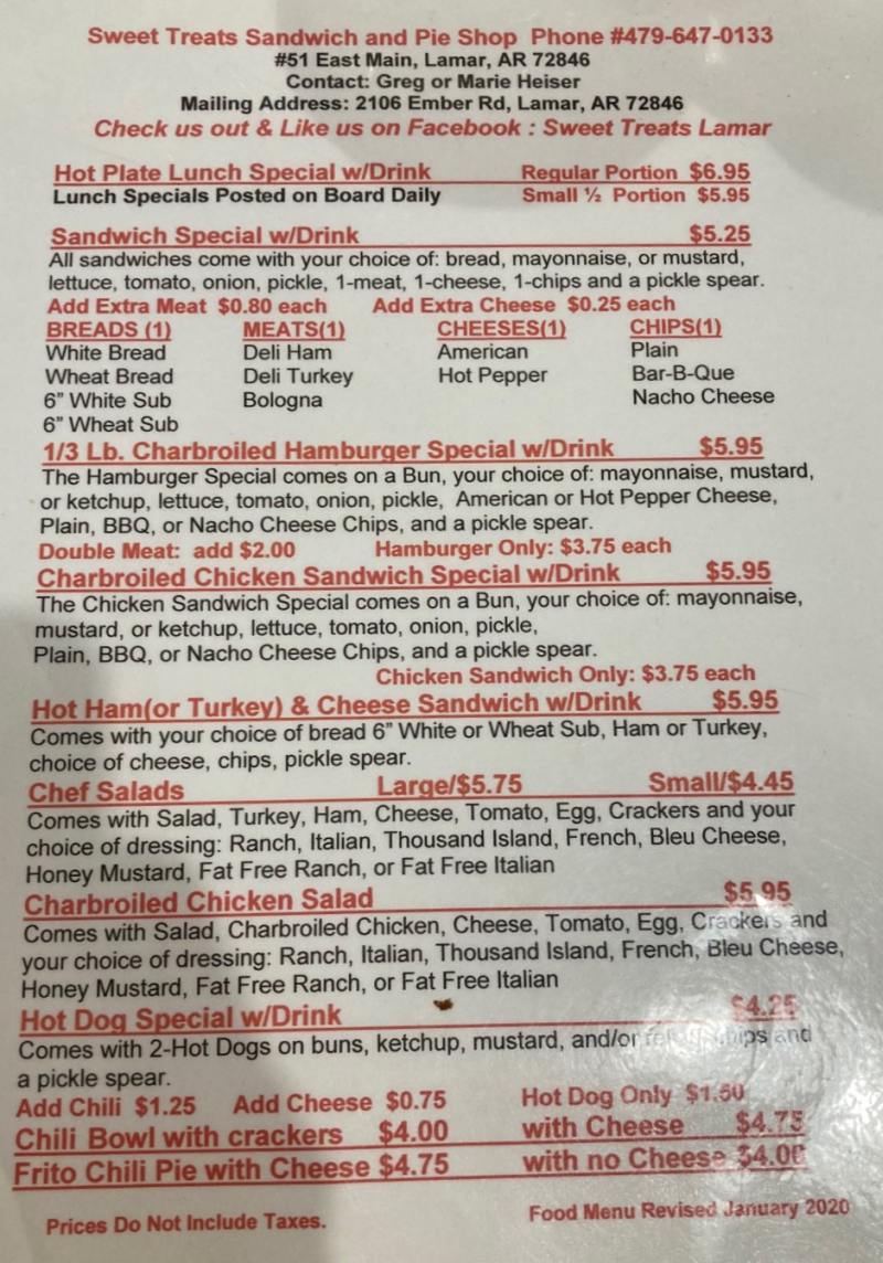 Sweet Treats menu page 1