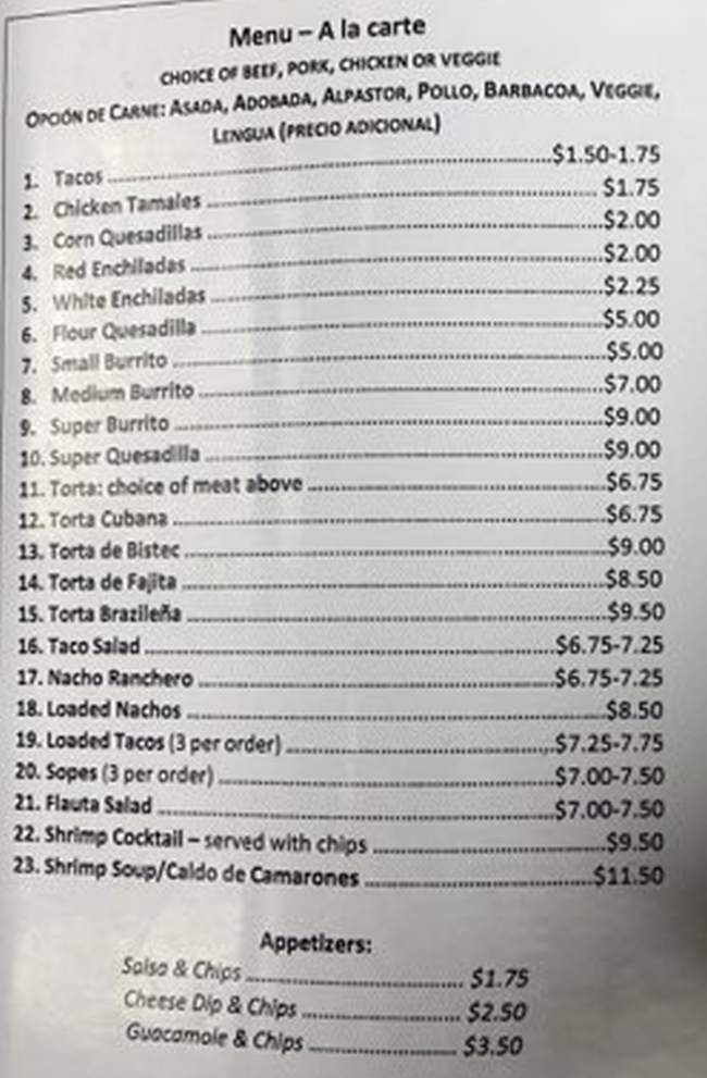 Taqueria El Rancho menu page 1