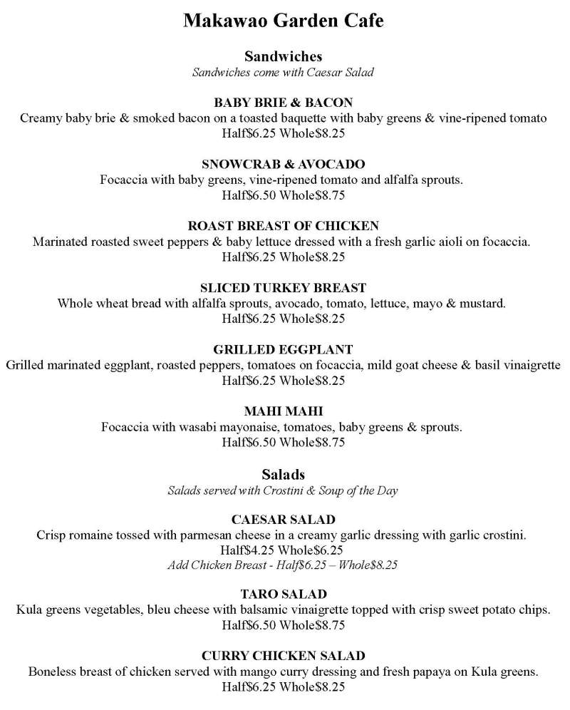 Makawao Garden Cafe menu page 1