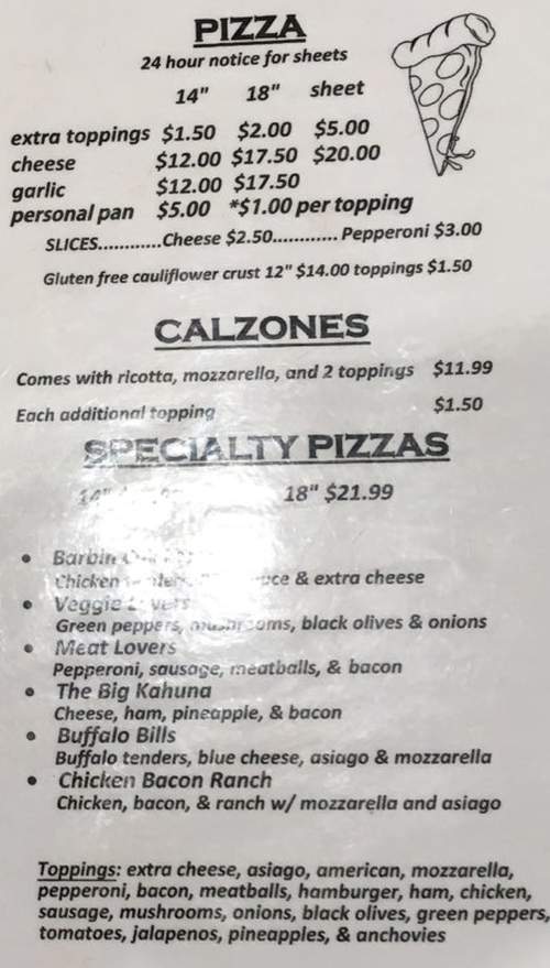 Marcellus Pizza menu page 1