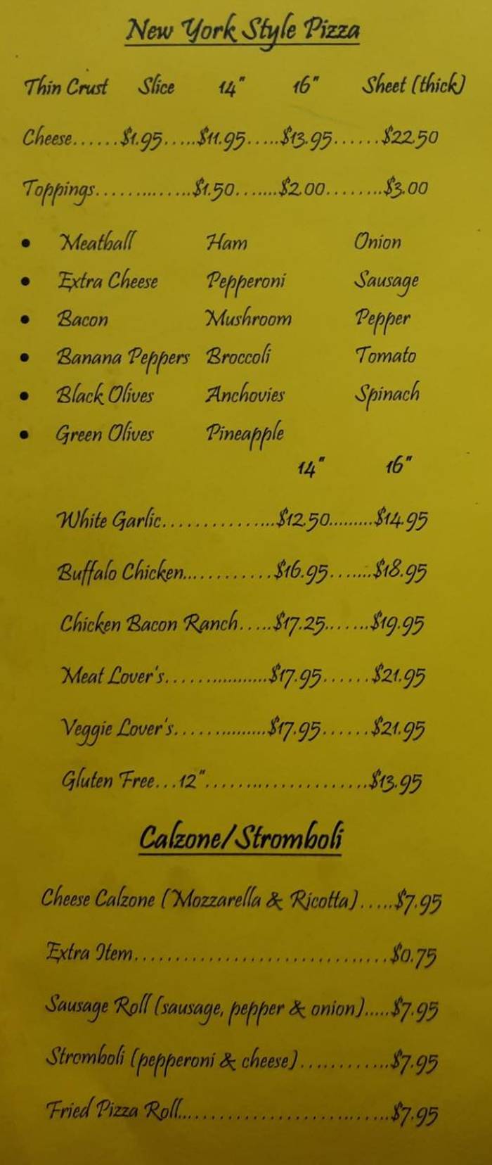 Rinaldo's Pizzeria menu page 1